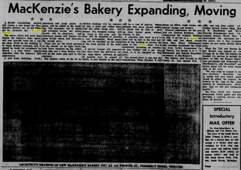Model Theater - Nov 29 1962 Article About Conversion To Bakery (newer photo)